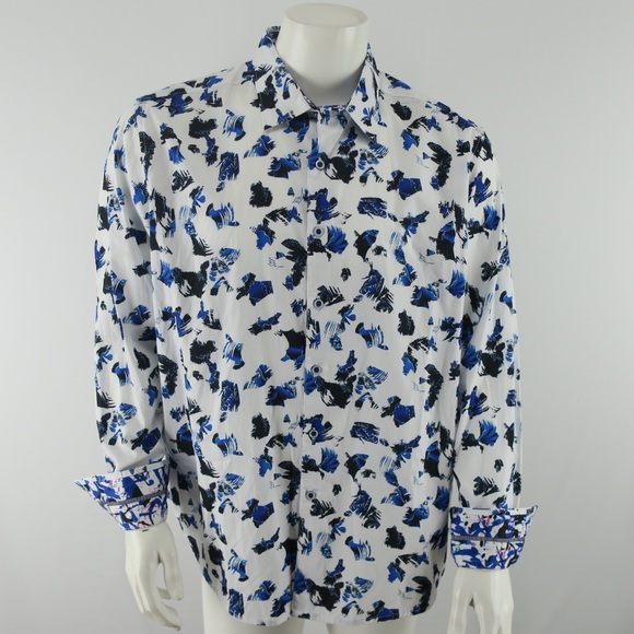 Robert Graham Flip Cuff Button Up Shirt Mens XL Classic Fit White Blue‎